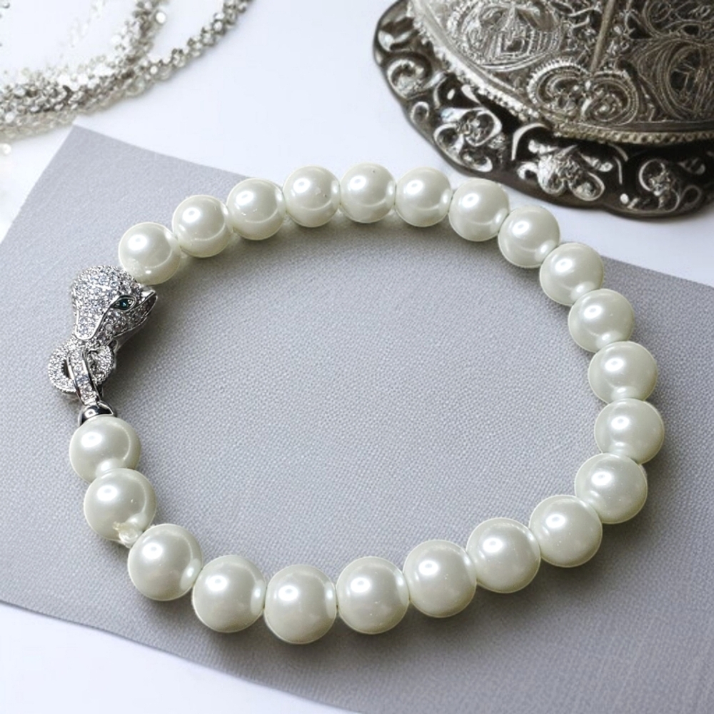 Luxury White Pearl Panther Doorknocker Zircon Crystal Bracelet